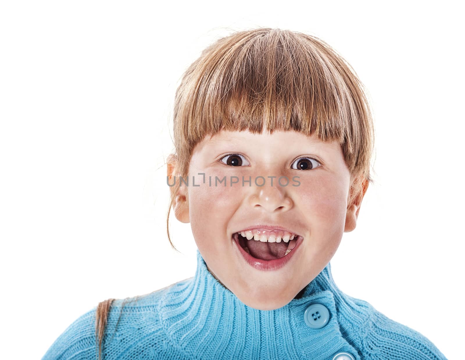 Happy smiling six years girl portrait isolated