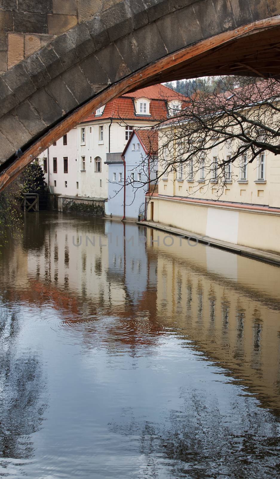 Building reflection in water under bridge in Prague