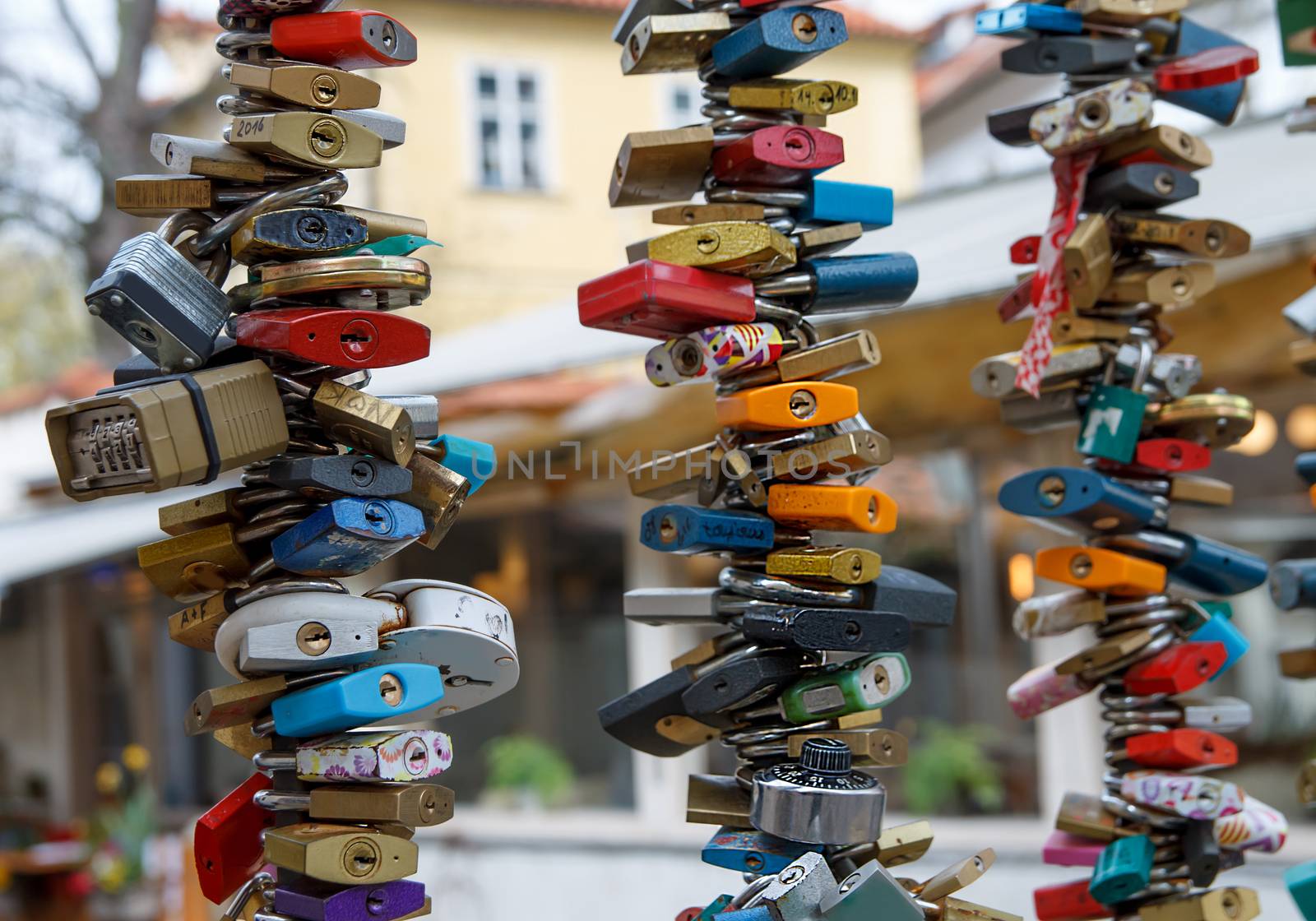 Padlocks and keys on bridge in Prague