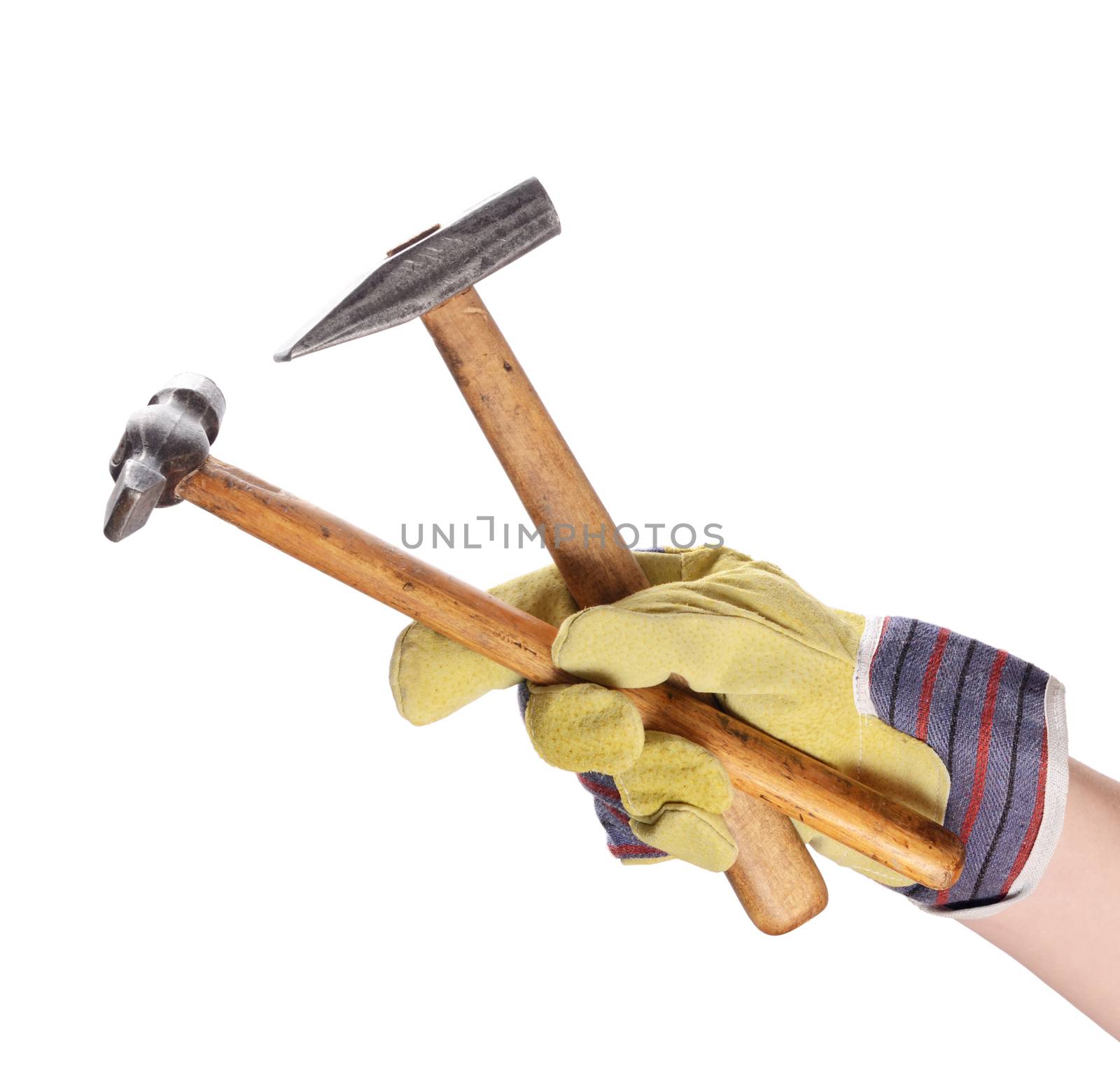 Hammer in man's hand on white isolated