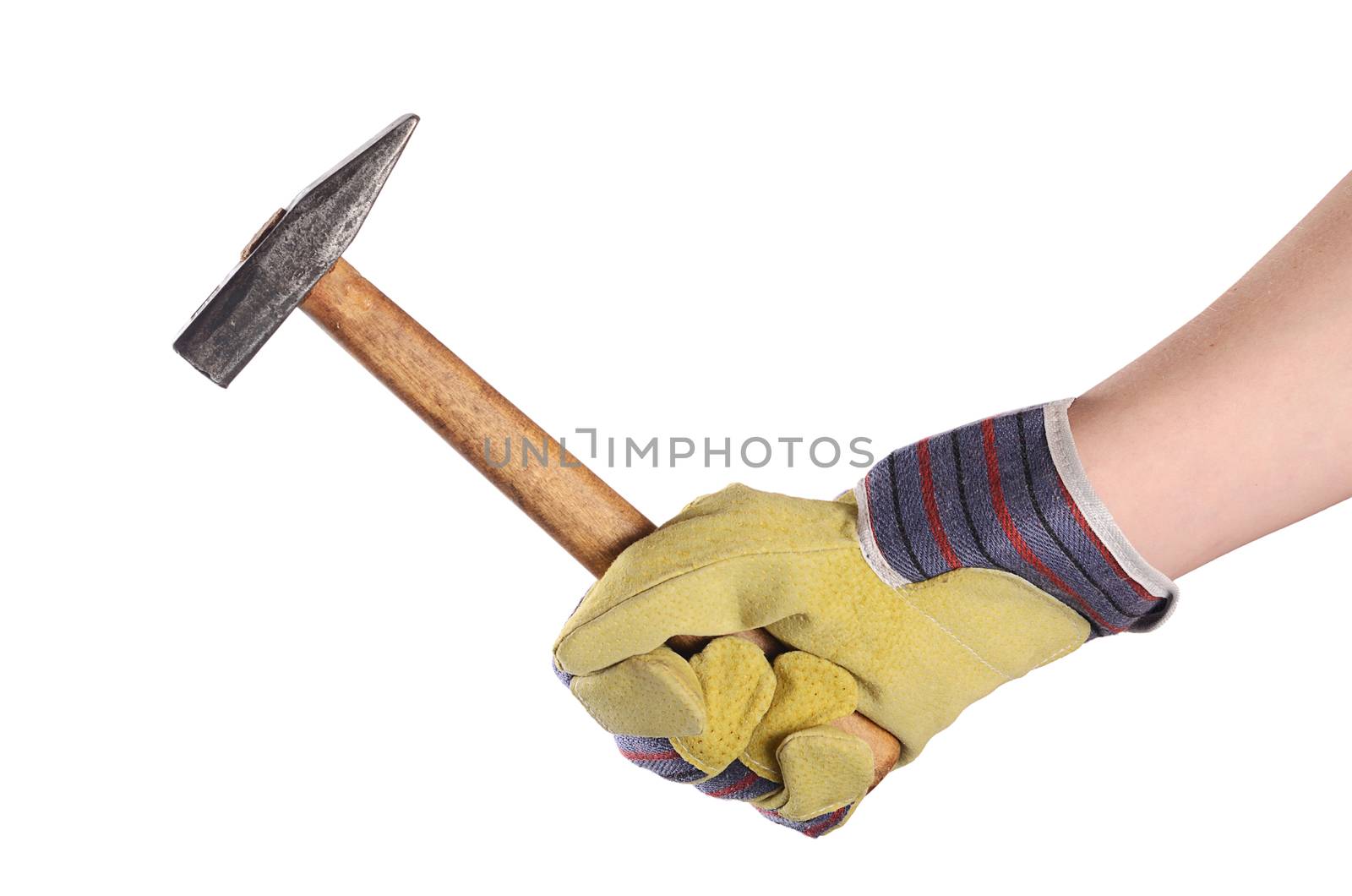 Hammer in man's hand on white isolated