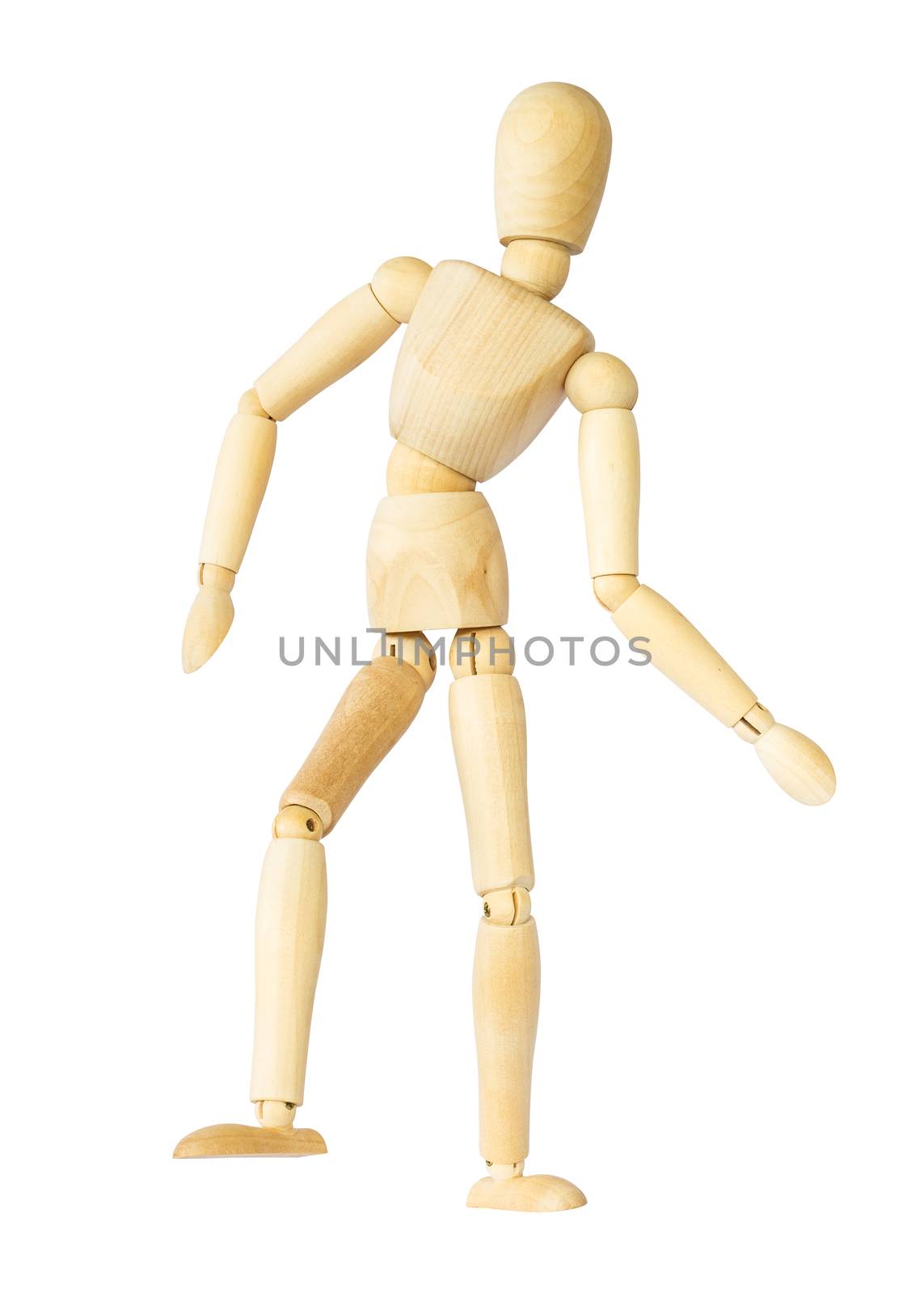 Wooden puppet is dancing . Isolated background . by stockdevil
