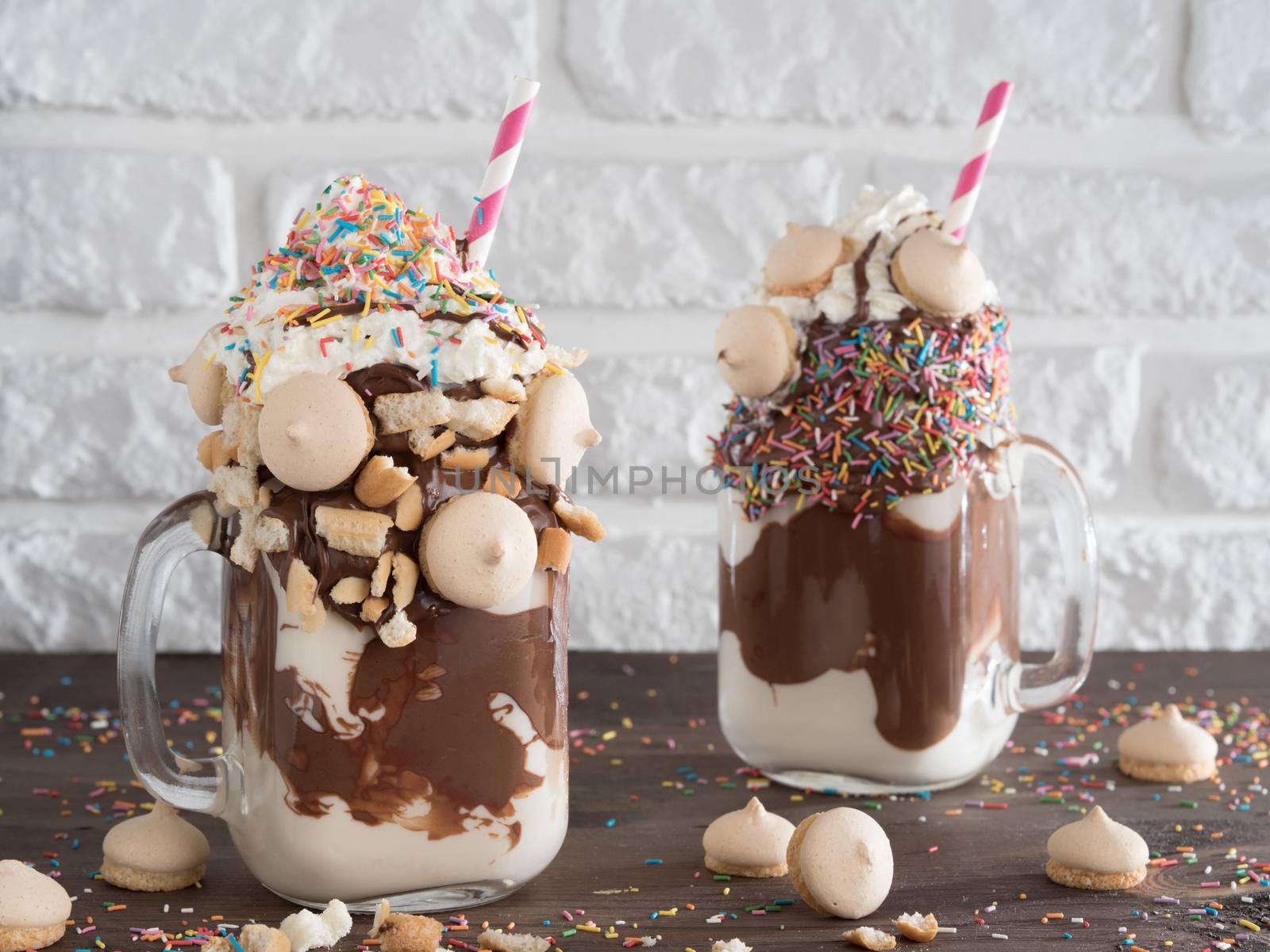 Close up view of two freakshake in mason jar on brown table. Freaked milkshake with chocolate, biscuit cookies and sugar sprinkling. Trendy food concept