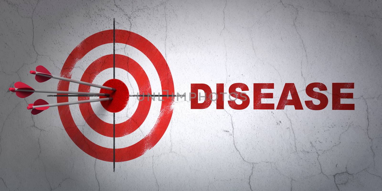 Success Healthcare concept: arrows hitting the center of target, Red Disease on wall background, 3D rendering