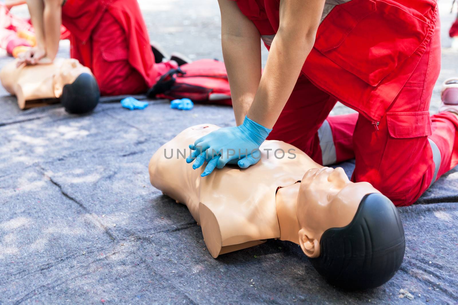 Cardiopulmonary resuscitation - CPR. First aid training detail. Heart massage.