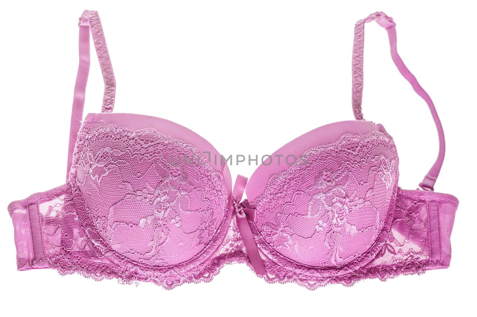 Pink silk lacy push up bra isolated over white