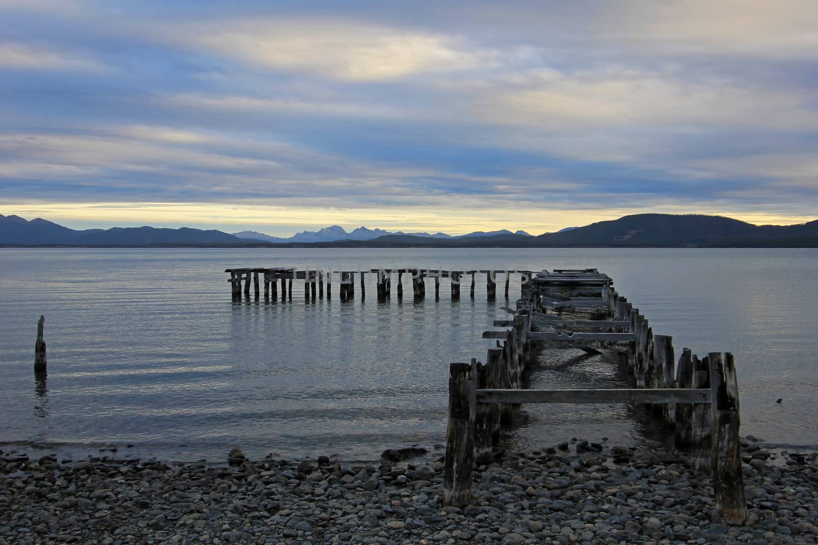 Wooden bridge, landing stage, lake Yehuin, Tierra Del Fuego Argentina
