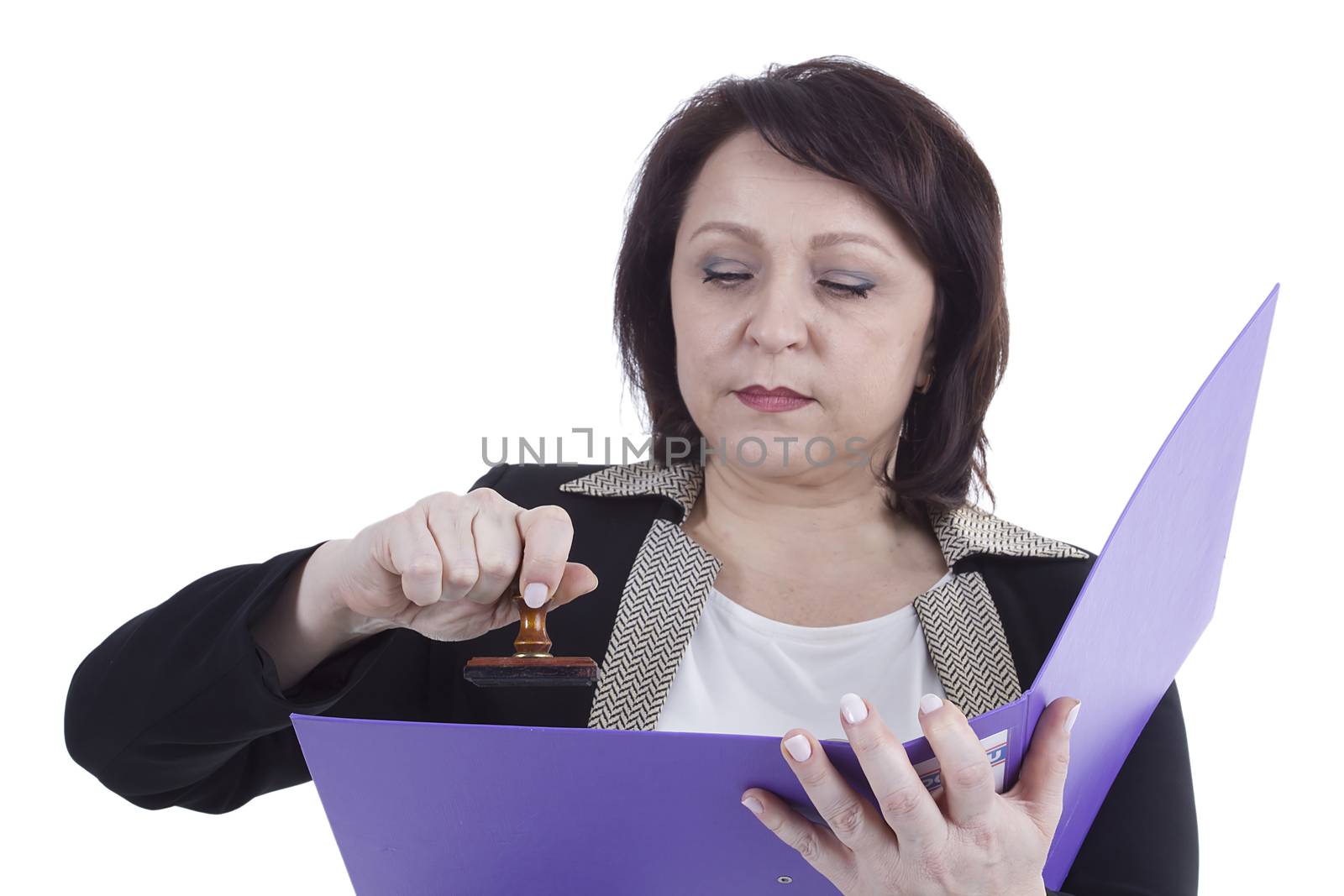 Business woman puts a stamp on a white background