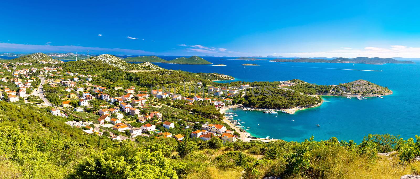 Drage Pakostanske panoramic aerial view with Kornati islands national park, Dalmatia, Croatia