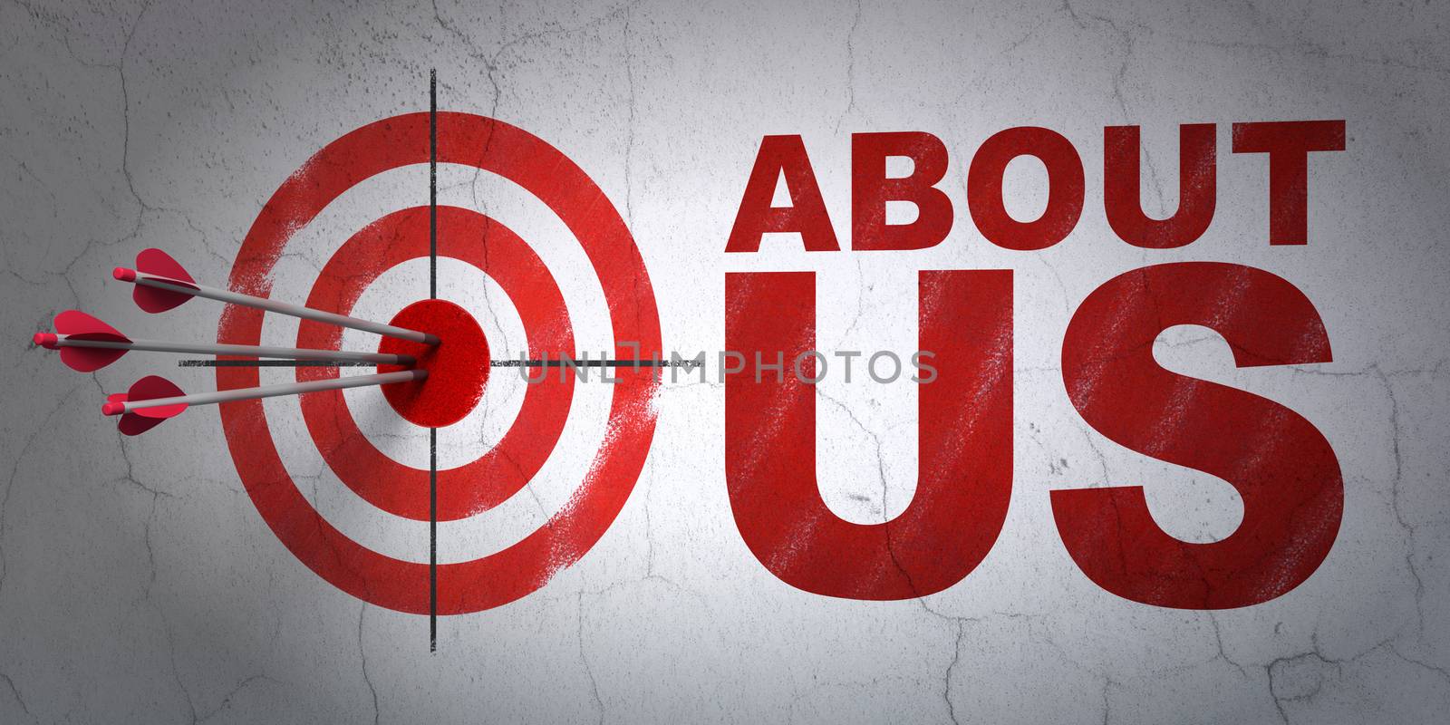 Success marketing concept: arrows hitting the center of target, Red About Us on wall background, 3D rendering
