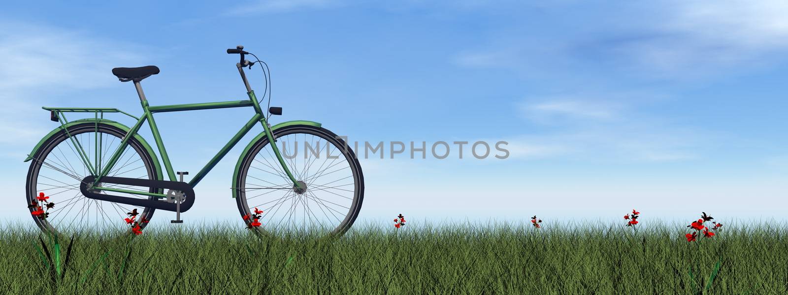 Green gentle bicycle on the grass with flowers by day - 3D render