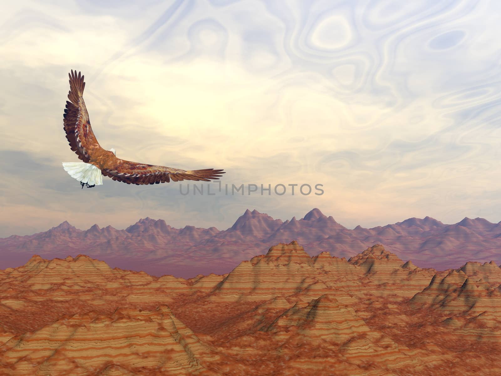 Bald eagle flying upon rocky mountains - 3D render by Elenaphotos21