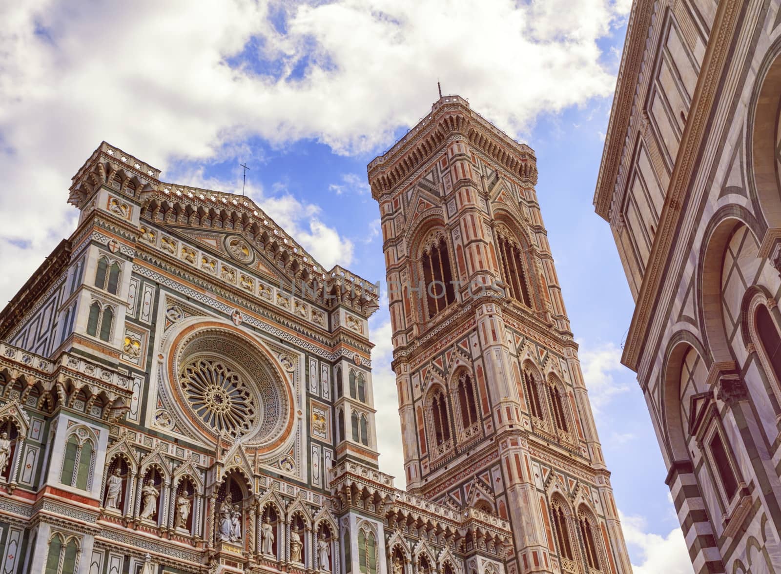 Giotto's bell tower and Cathedral Santa Maria del Fiore, Duomo, by day in Florence, Tuscany, Italy