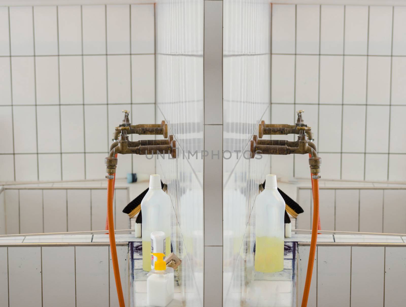 Close-up of two tiled wash basins in a laboratory