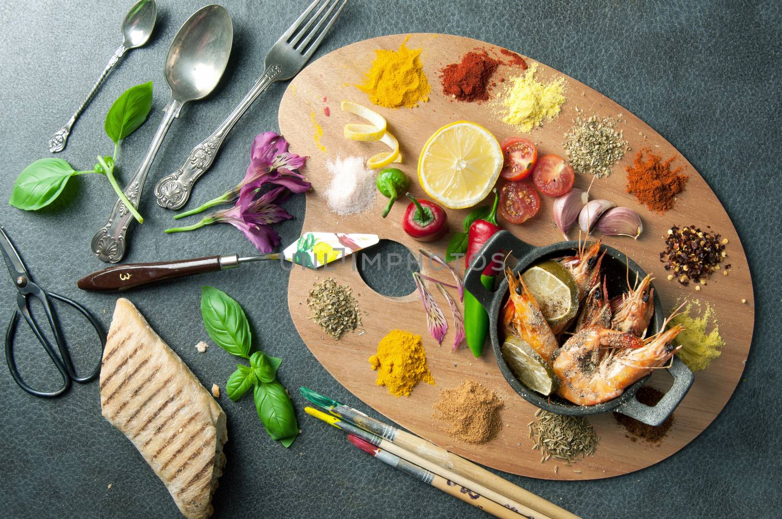 Food palette with fresh ingredients including herbs and spices