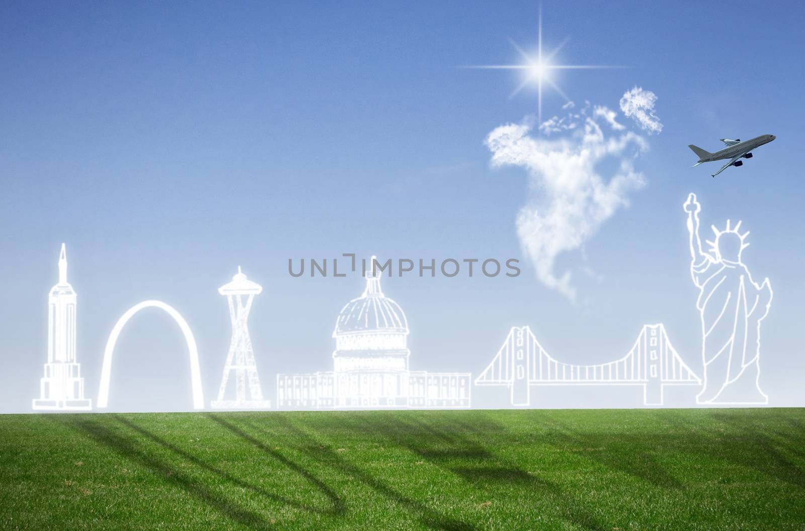 Clouds in the shape of a tourist landmarks and US map against blue sky