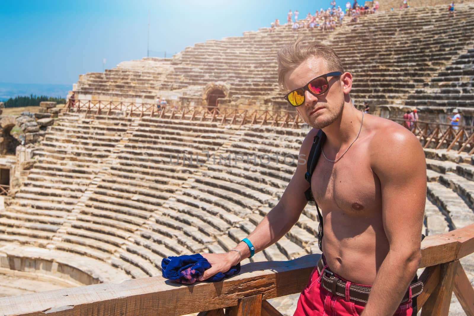 Portrait of man in ancient theatre in the city Hierapolis, near modern turkey city Denizli