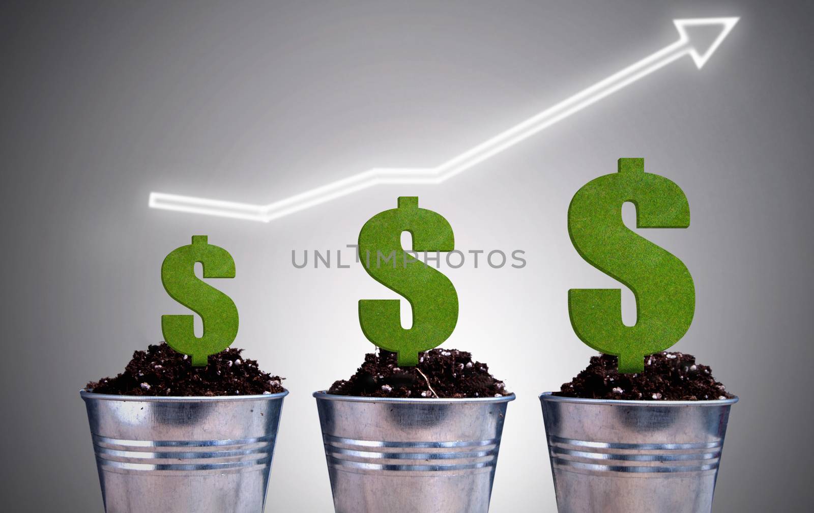 Arrow pointing upwards with different phases of dollar growth in plant pots 