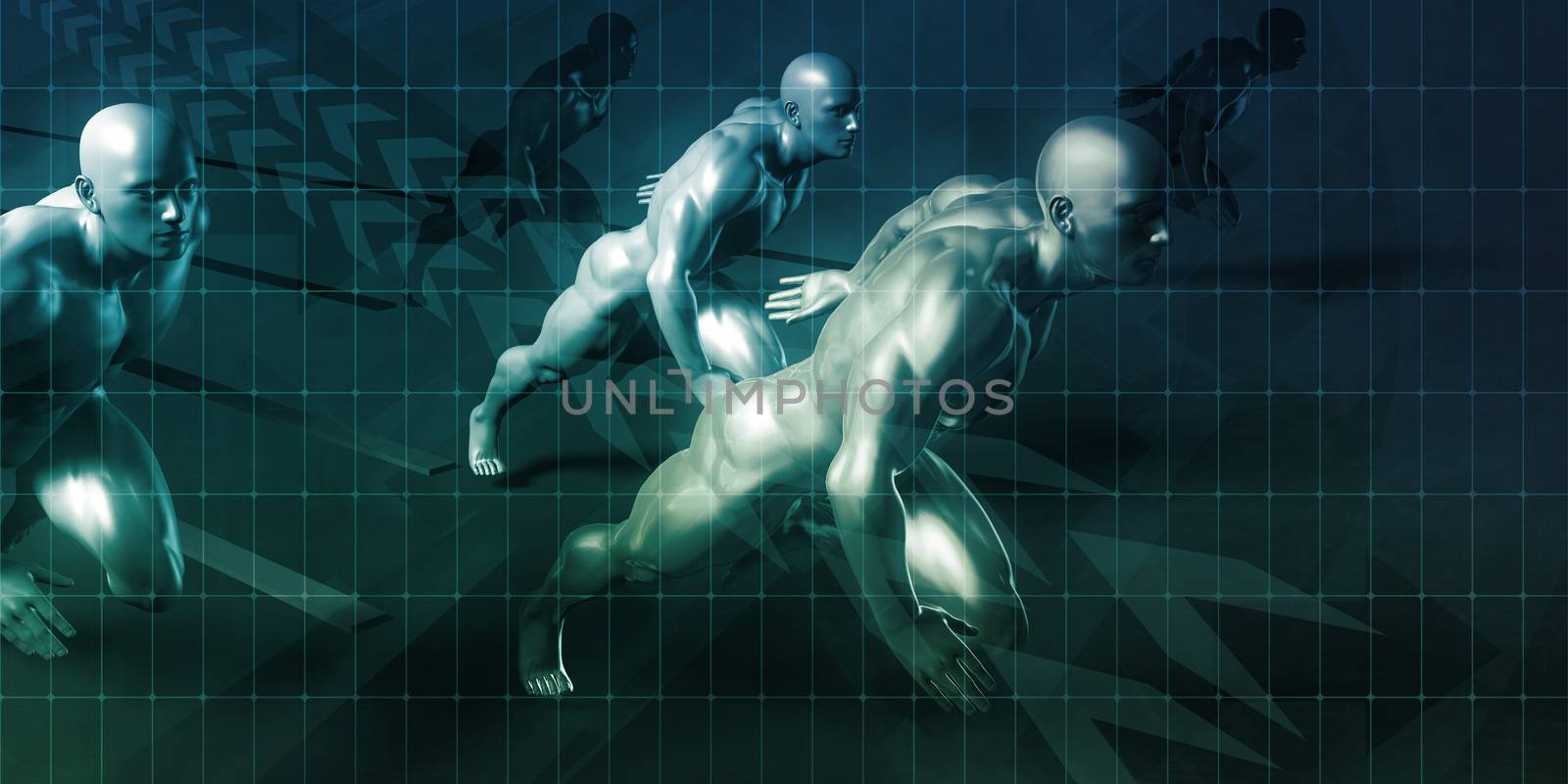 Science and Technology with Men Running as Futuristic Concept