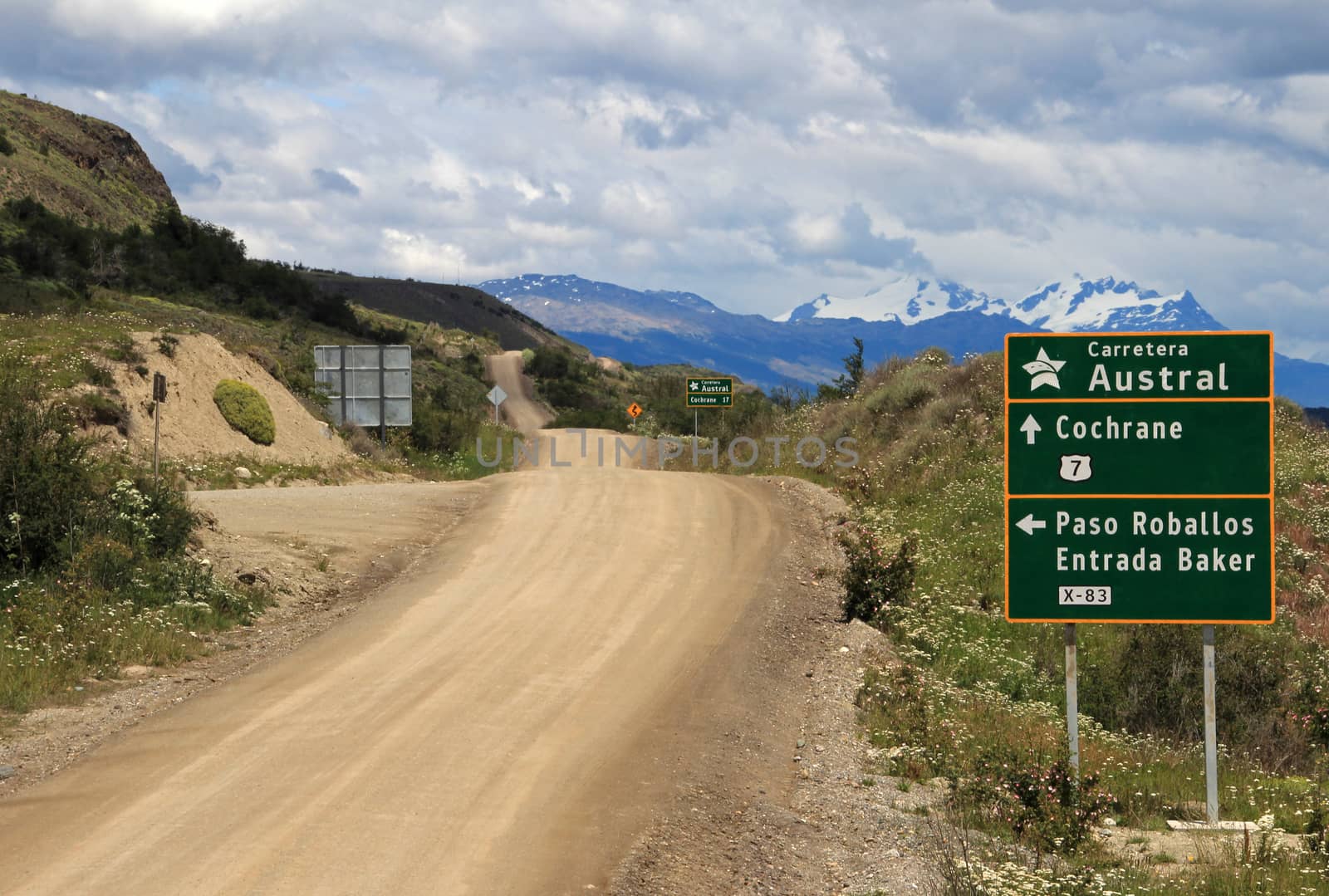 Carretera Austral highway, ruta 7, with road sign, Chile by cicloco