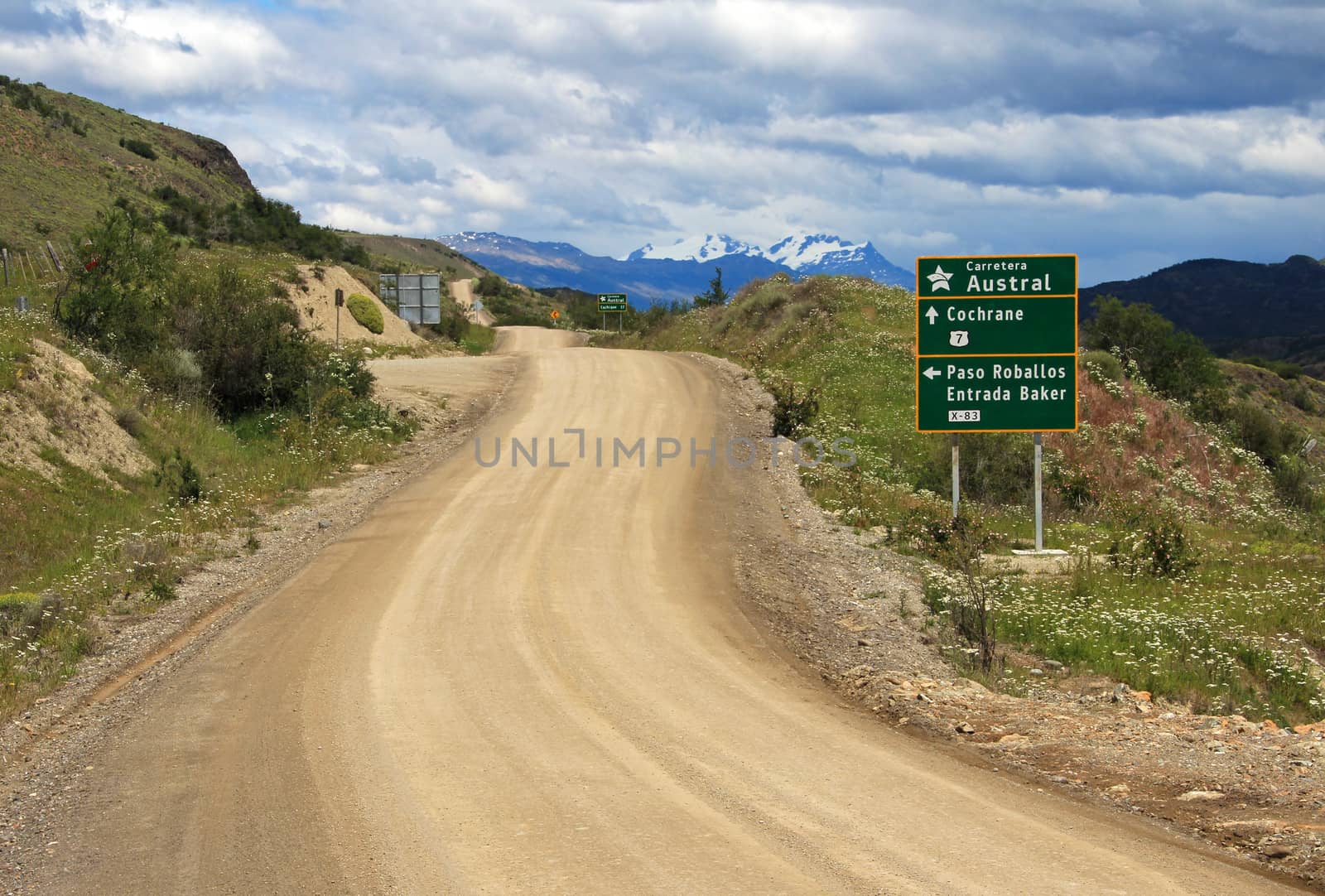 Carretera Austral highway, ruta 7, with road sign, Patagonia Chile