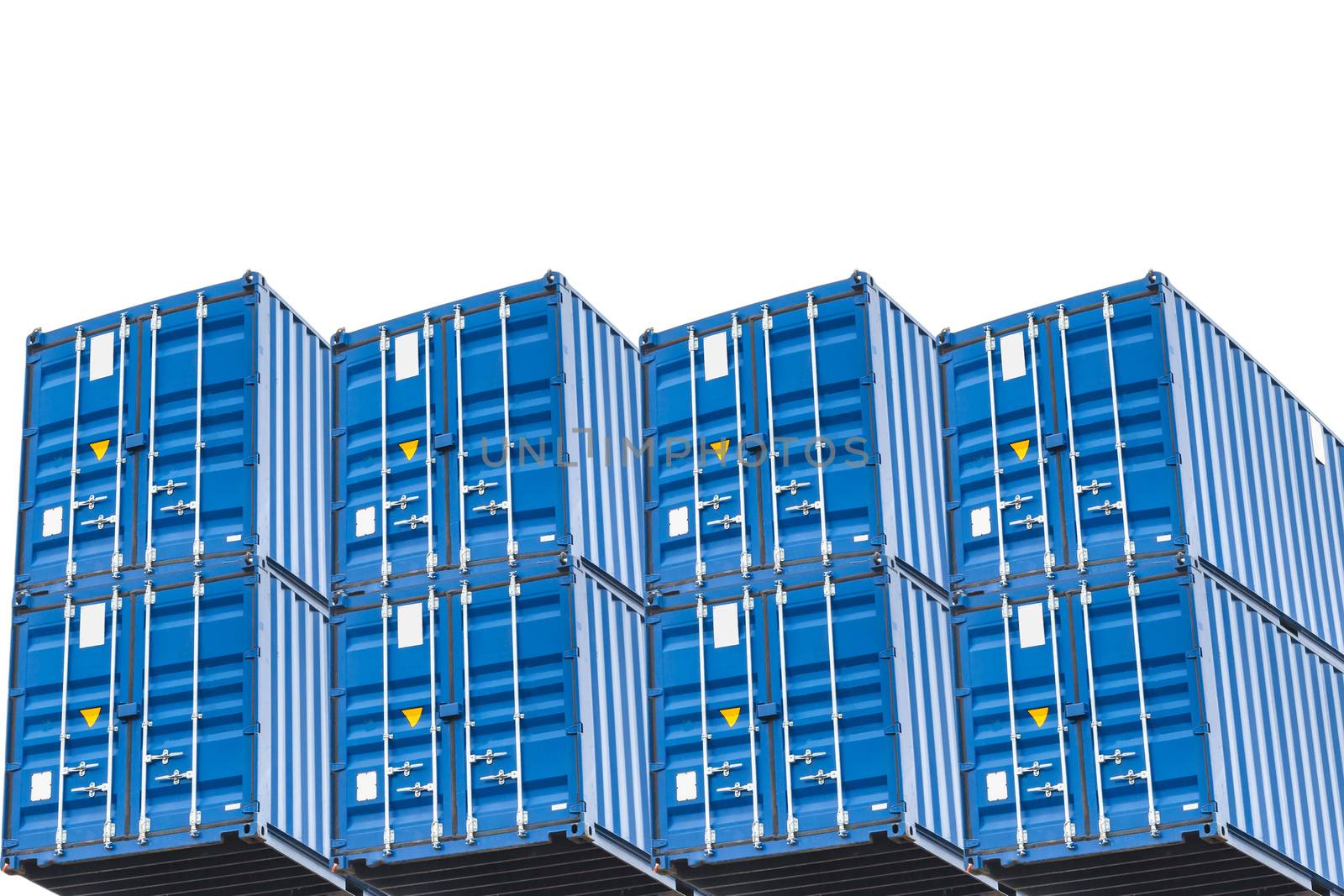 A stack of six blue sea container isolated on white background