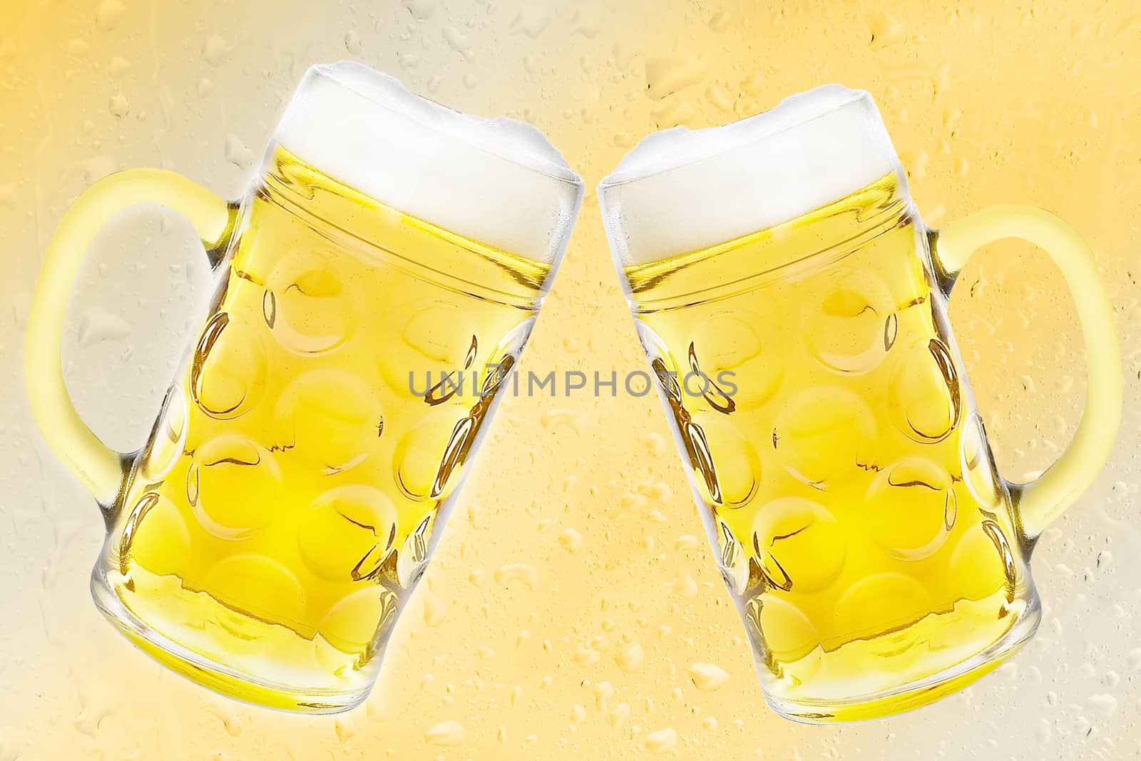 2 Beer mugs on yellow gradient drops background.