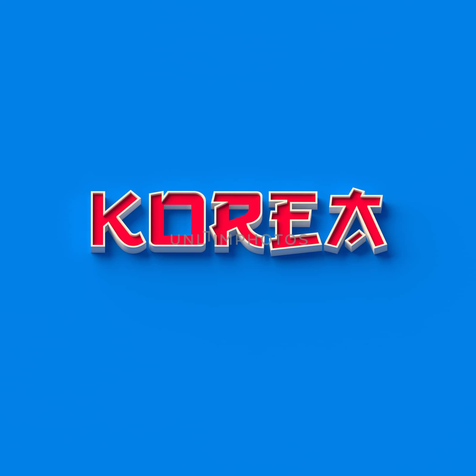 3D RENDERING WORDS "KOREA" ON BLUE PLAIN BACKGROUND