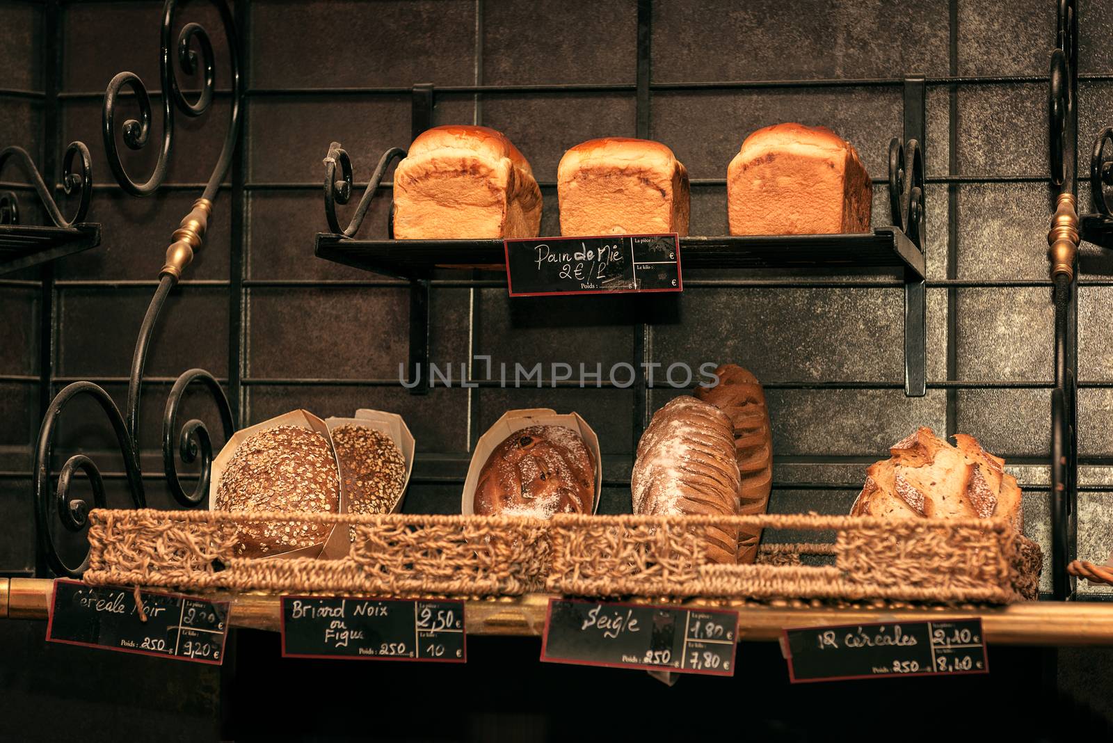 Freshly baked gourmet breads for sale in French bakery