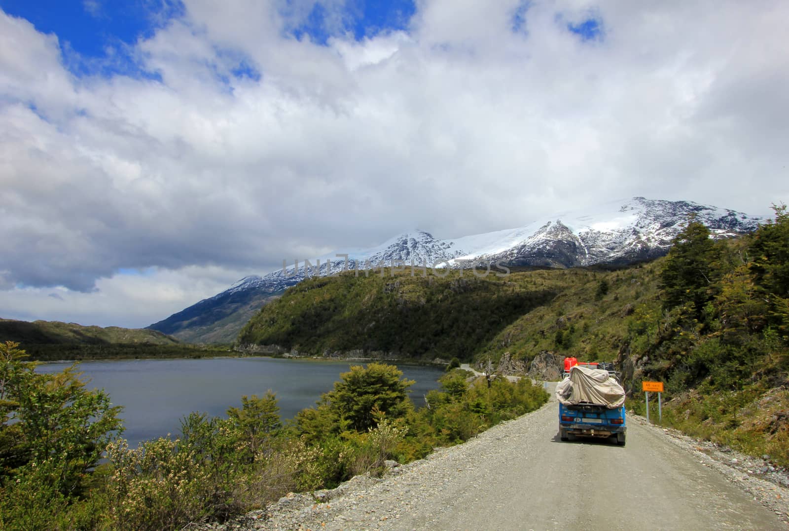 Van driving on Carretera Austral, on the way to Villa O'Higgins, Patagonia, Chile