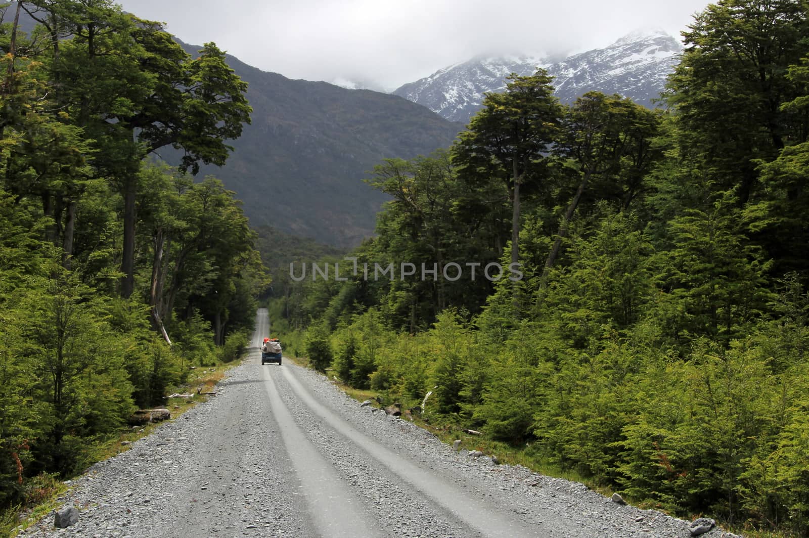 Van driving on Carretera Austral, on the way to Villa O'Higgins, Patagonia, Chile