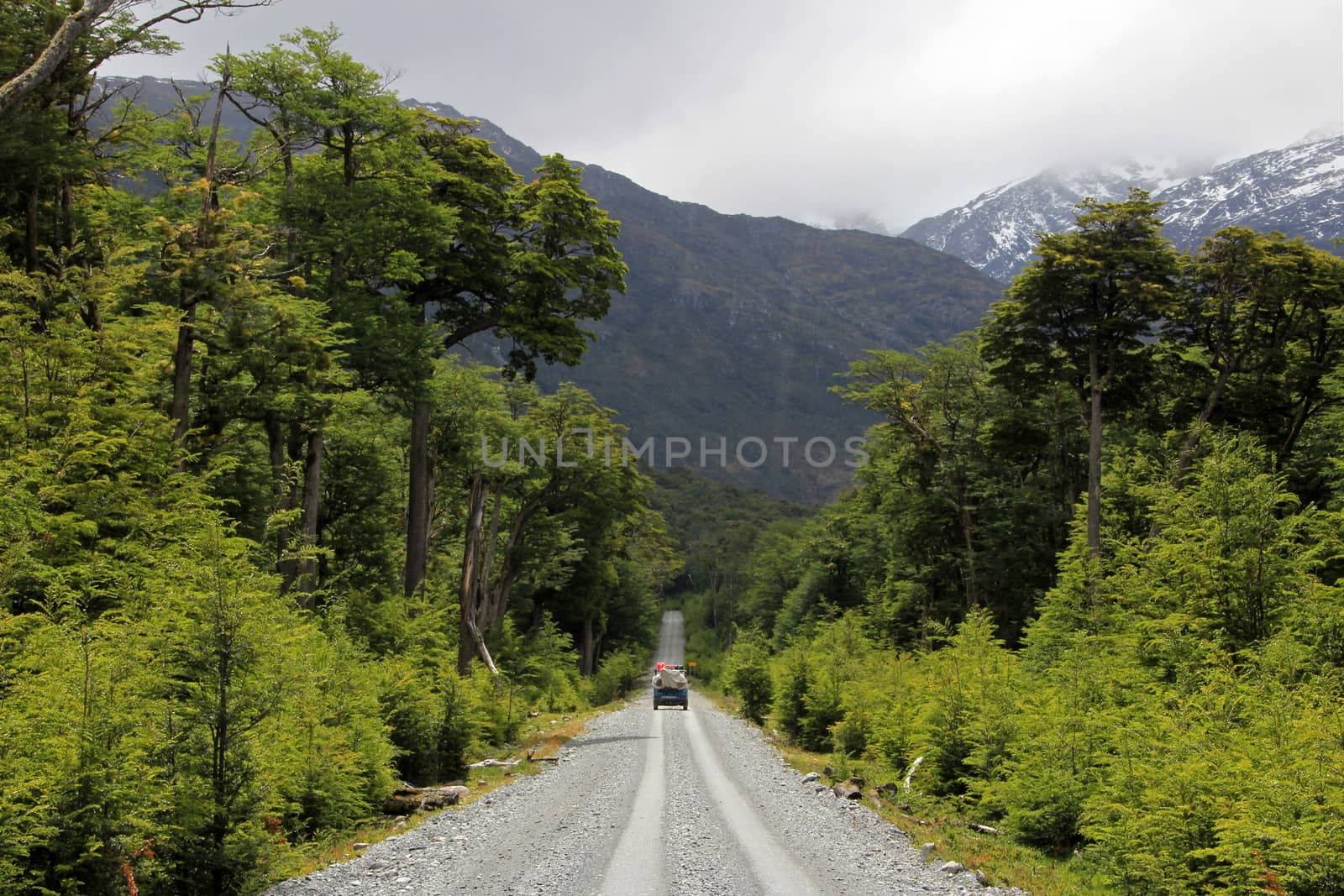 Van driving on Carretera Austral, on the way to Villa O'Higgins, Patagonia, Chile