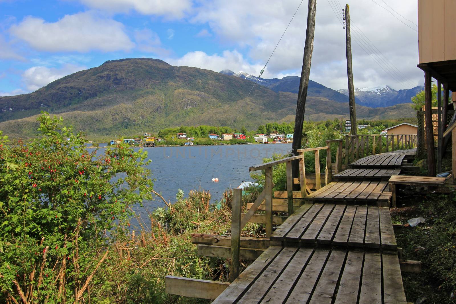 Boardwalk at the isolated Puerto Eden in Wellington Islands, fiords of southern Chile, Province Ultima Esparanza
