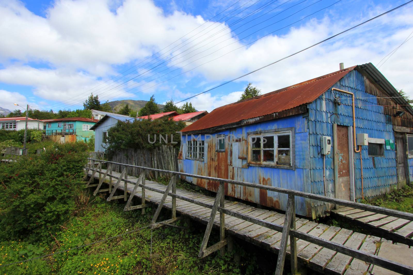 Boardwalk at the isolated Puerto Eden in Wellington Islands, fiords of southern Chile, Province Ultima Esparanza
