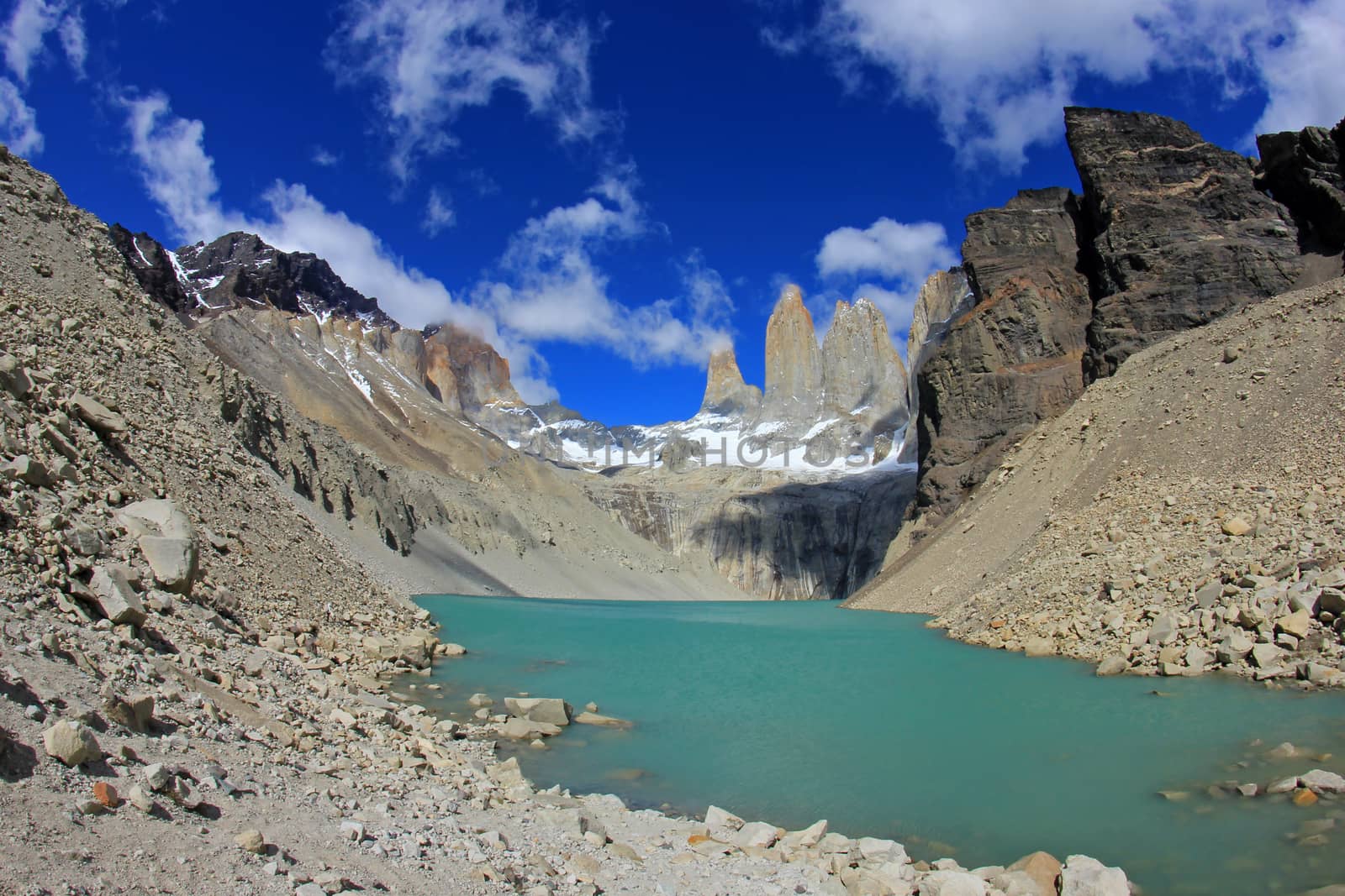 The three towers at Torres del Paine National Park, Patagonia, Chile, view from Mirador de Las Torres
