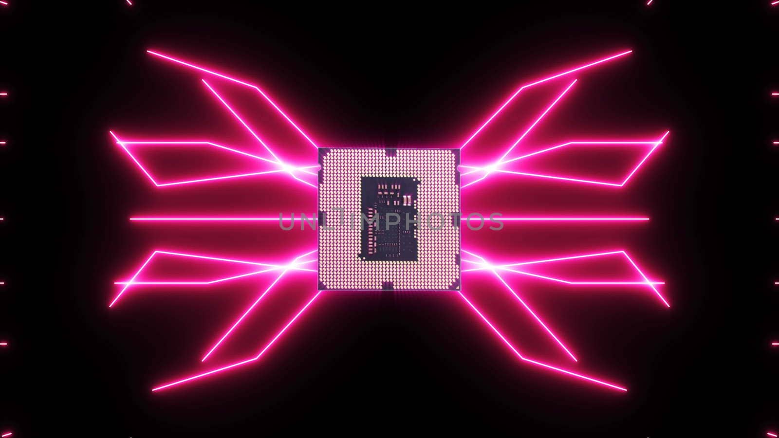 Seamlessly looping video of futuristic circuit board with moving pink electrons with CPU.