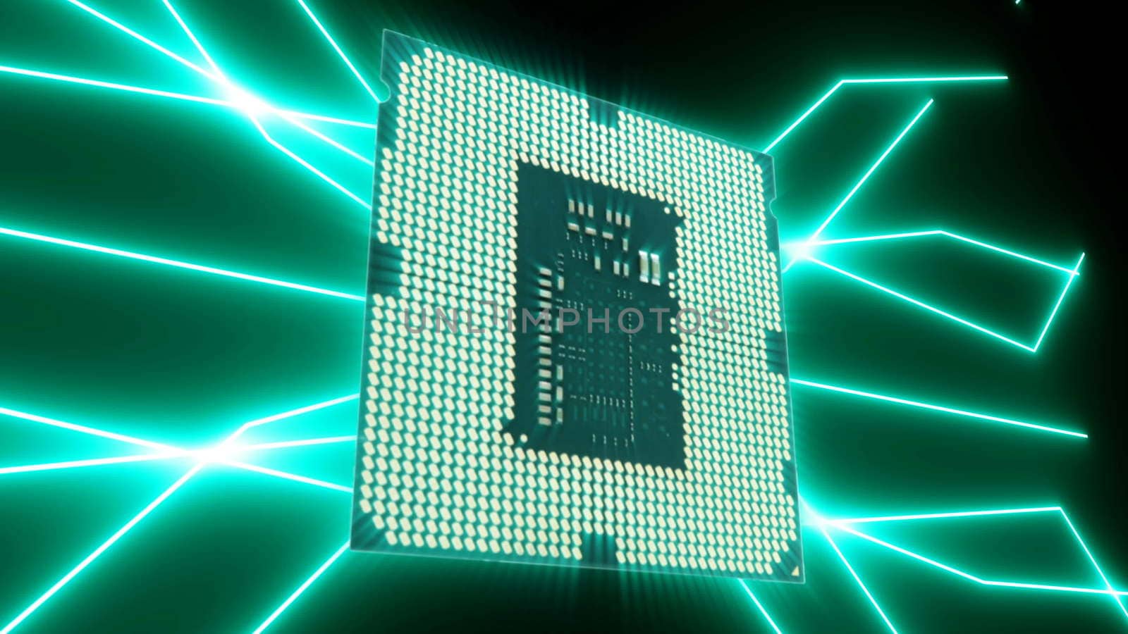 Seamlessly looping video of futuristic circuit board with moving turquoise electrons with CPU.