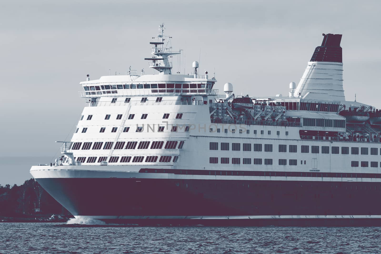 Big cruise liner's bow. Passenger ferry underway