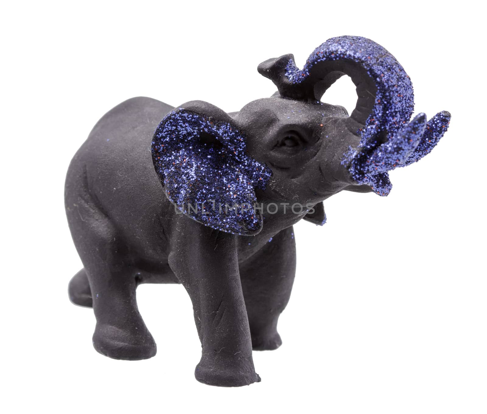 Black Elephant Figurine with Blue Glitter on white Background by gstalker