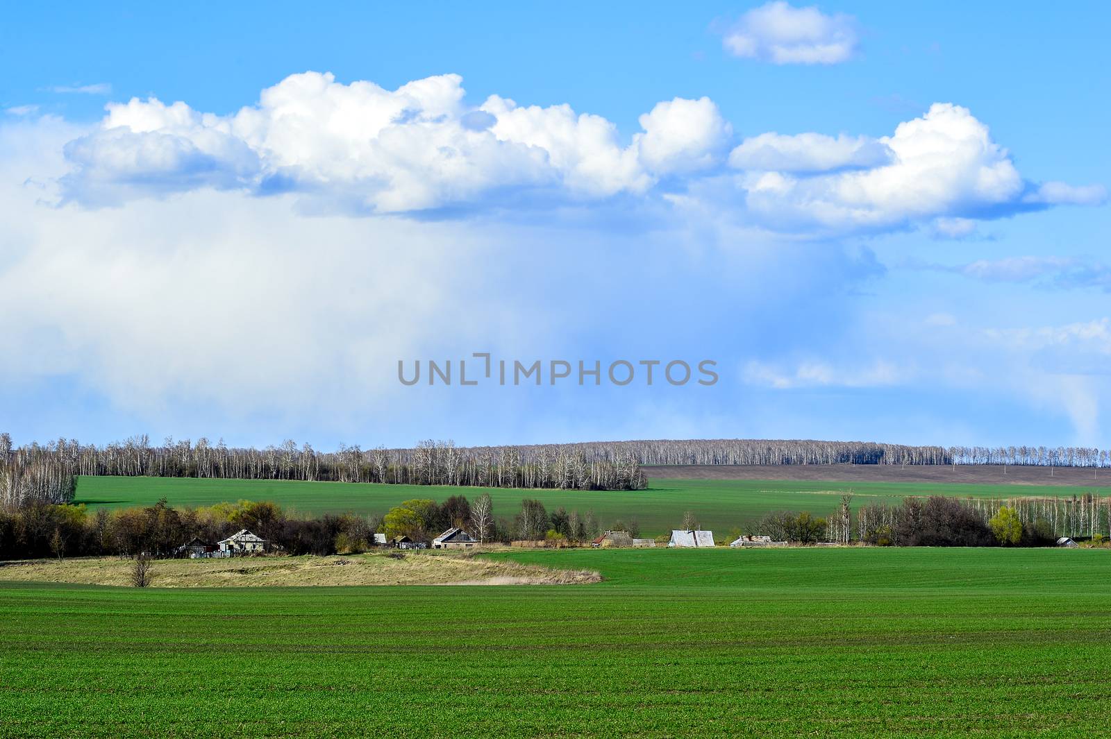 Rural landscape with a green field, clouds and farm.