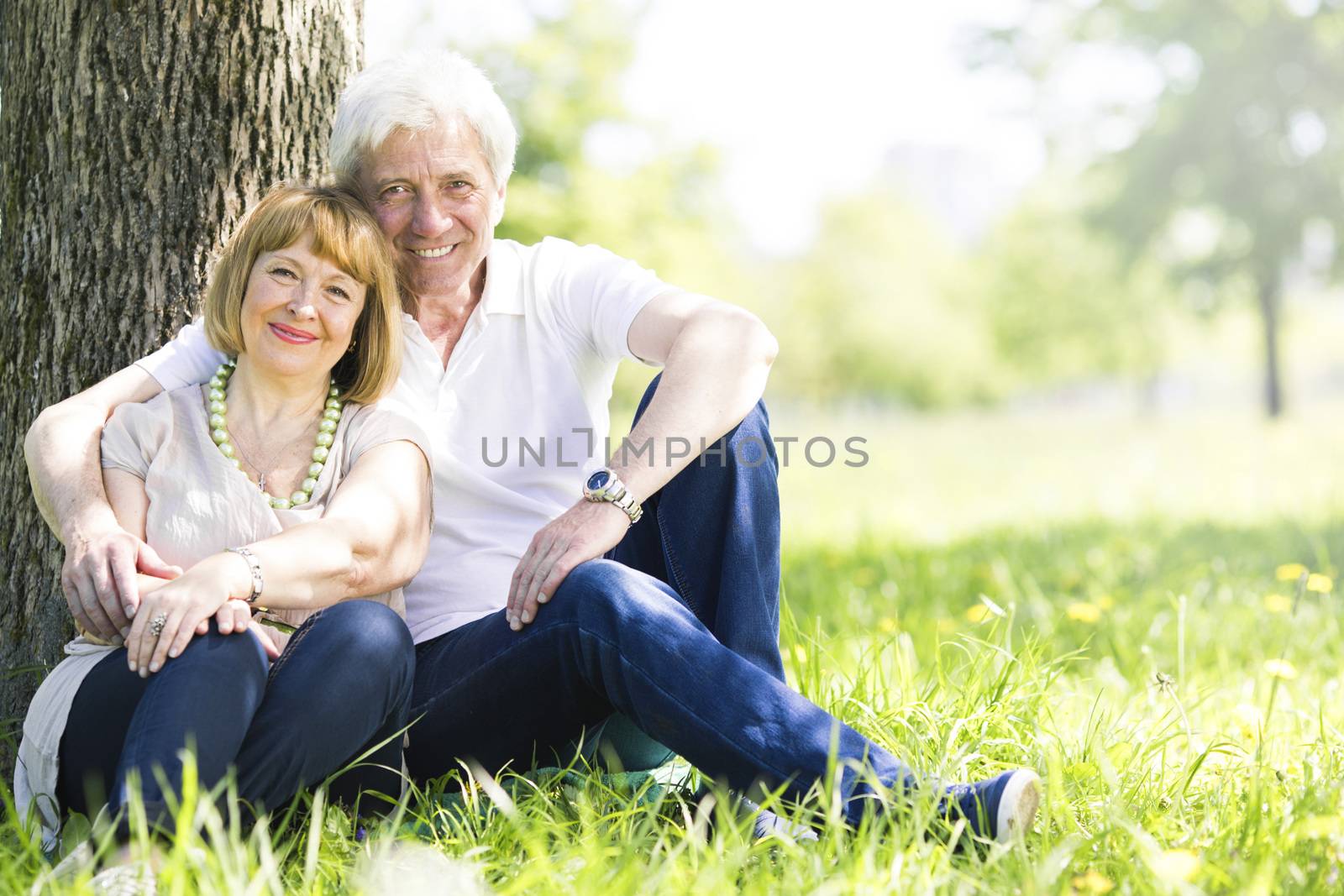 Senior couple sitting on grass by Yellowj