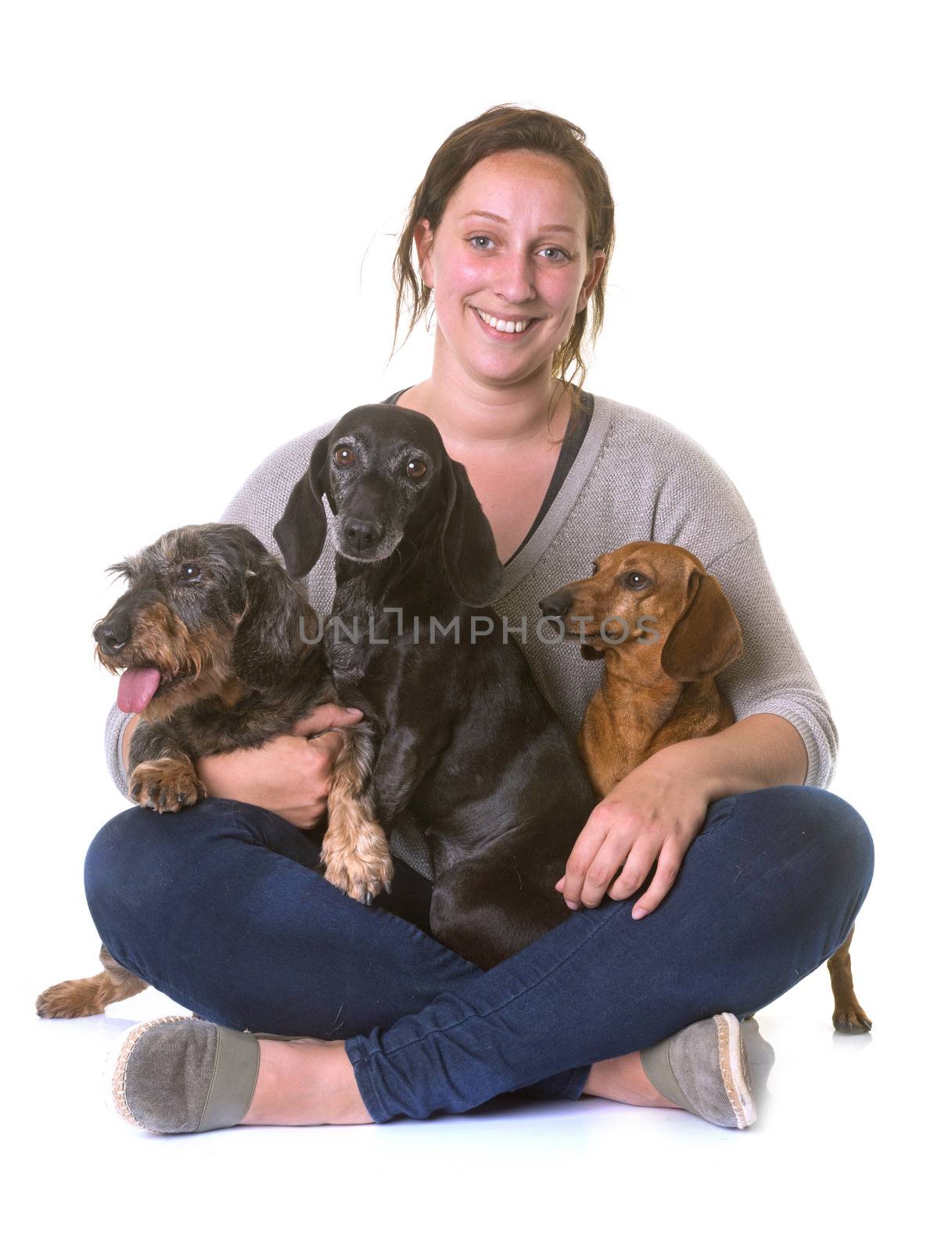 woman and dachshunds in front of white background