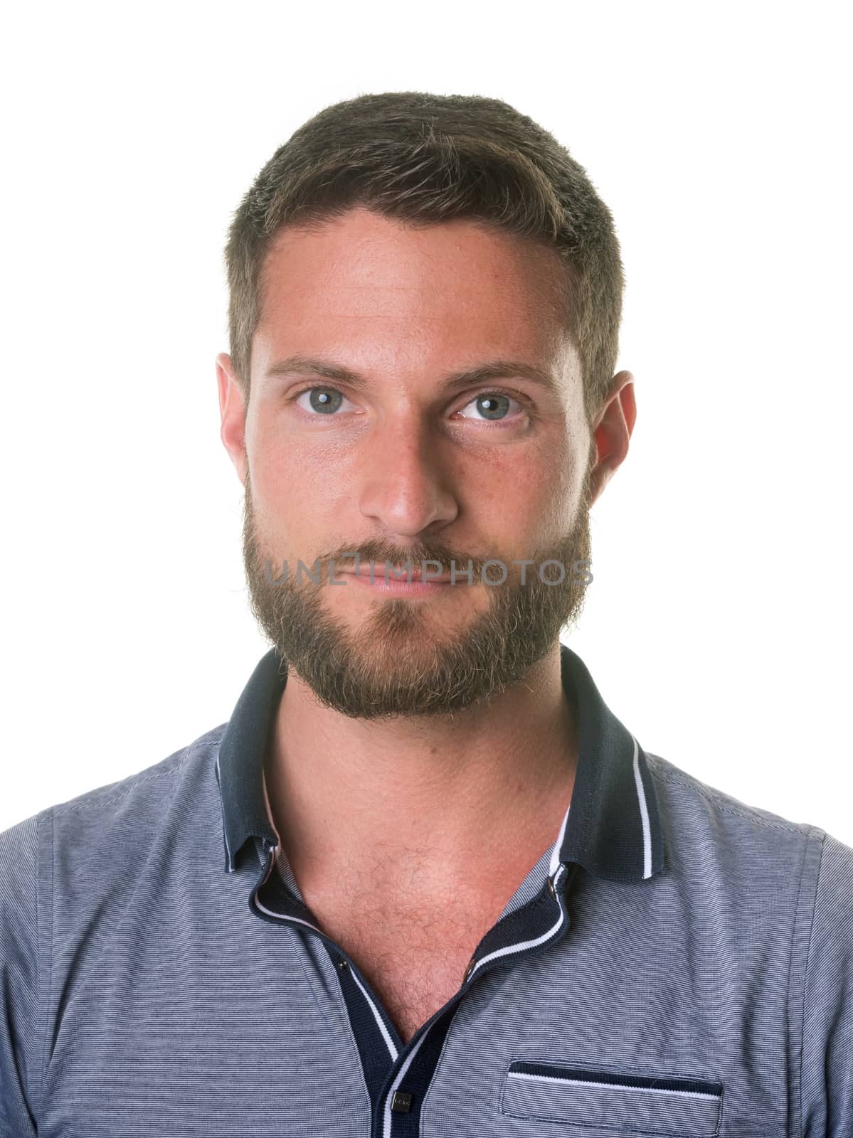 young bearded man in front of white background