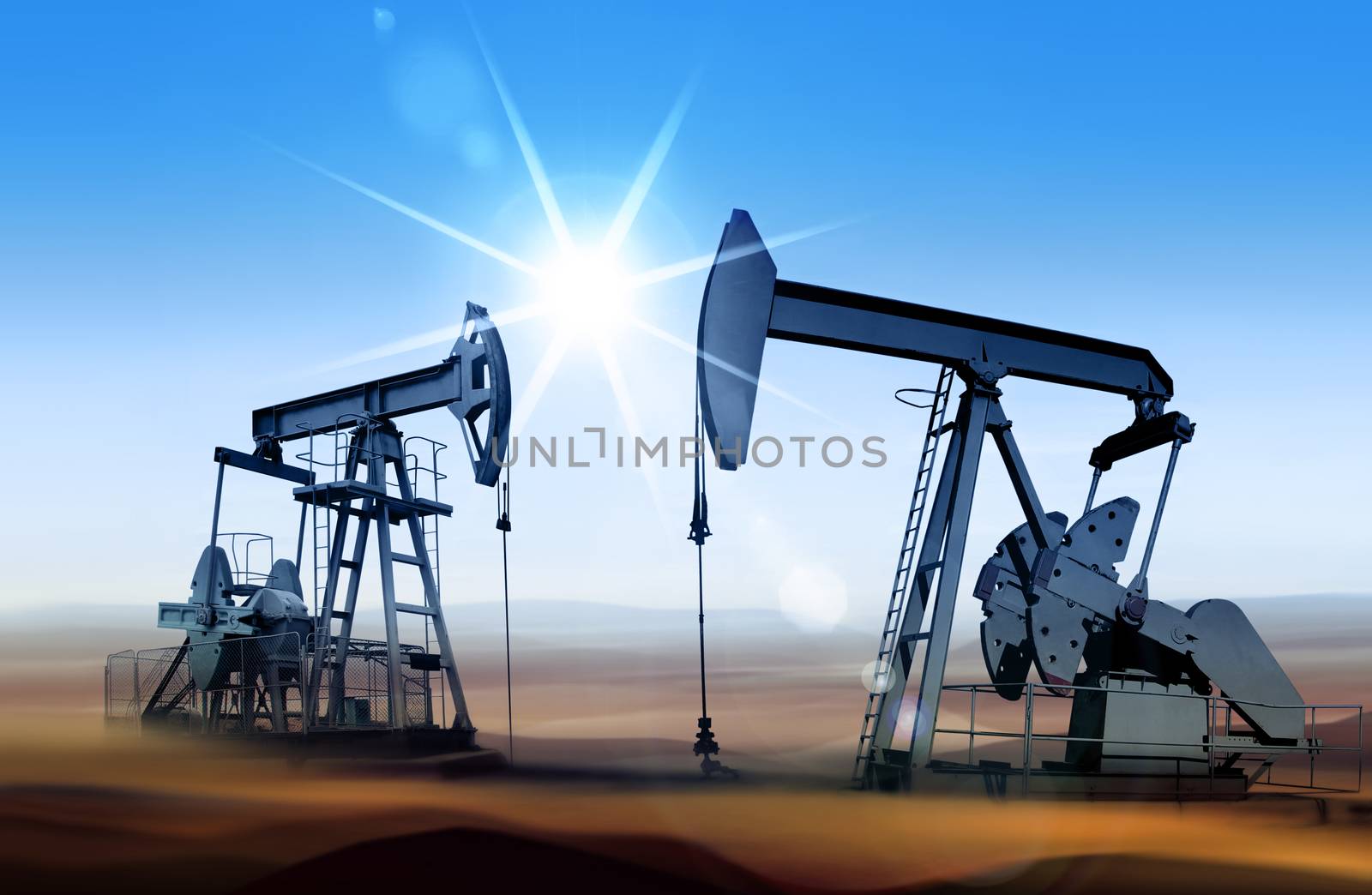 Working oil pumps in desert place of Middle East