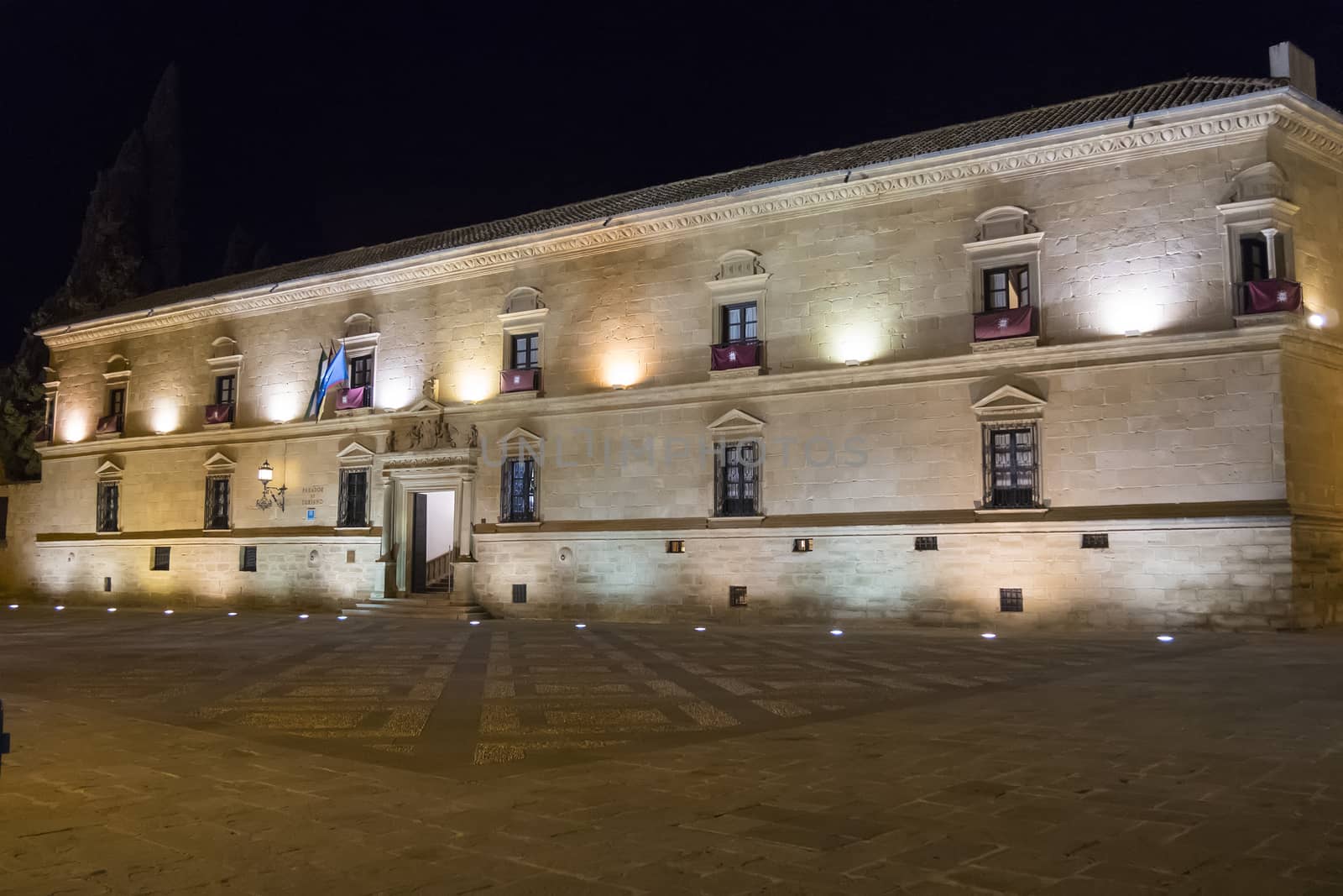 Parador hotel at night in Ubeda, Jaen, Spain