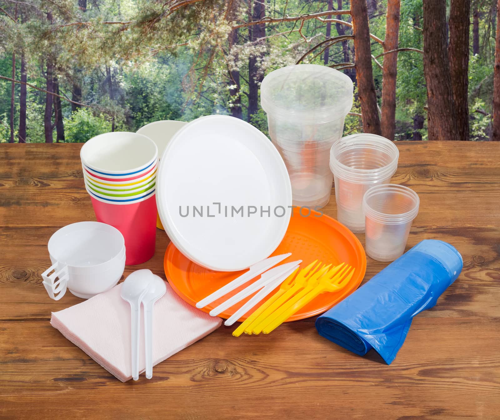 Different disposable plastic and paper cutlery, paper napkins and roll of disposable garbage bags on the old wooden planks against the background of the pine forest
