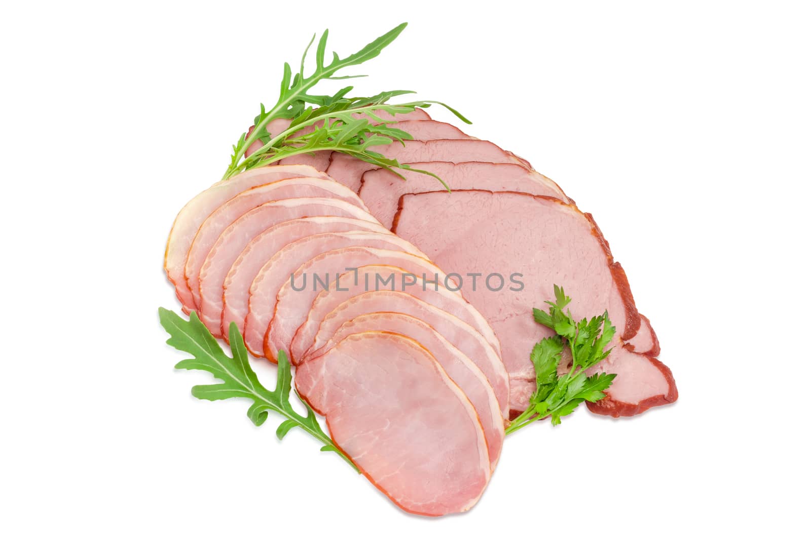 Sliced cooked pork loin and ham with greens by anmbph