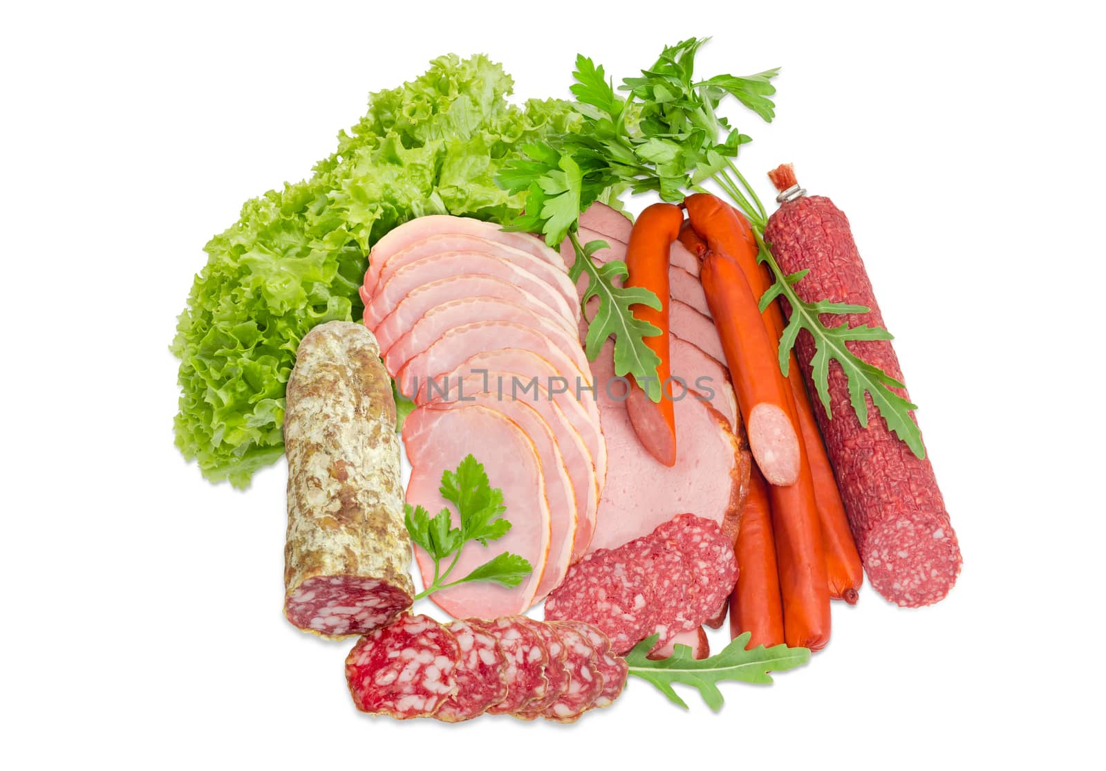 Sliced boiled smoked pork loin and ham, partly sliced two different salami and hunting sausages with arugula, lettuce and parsley on a light background
