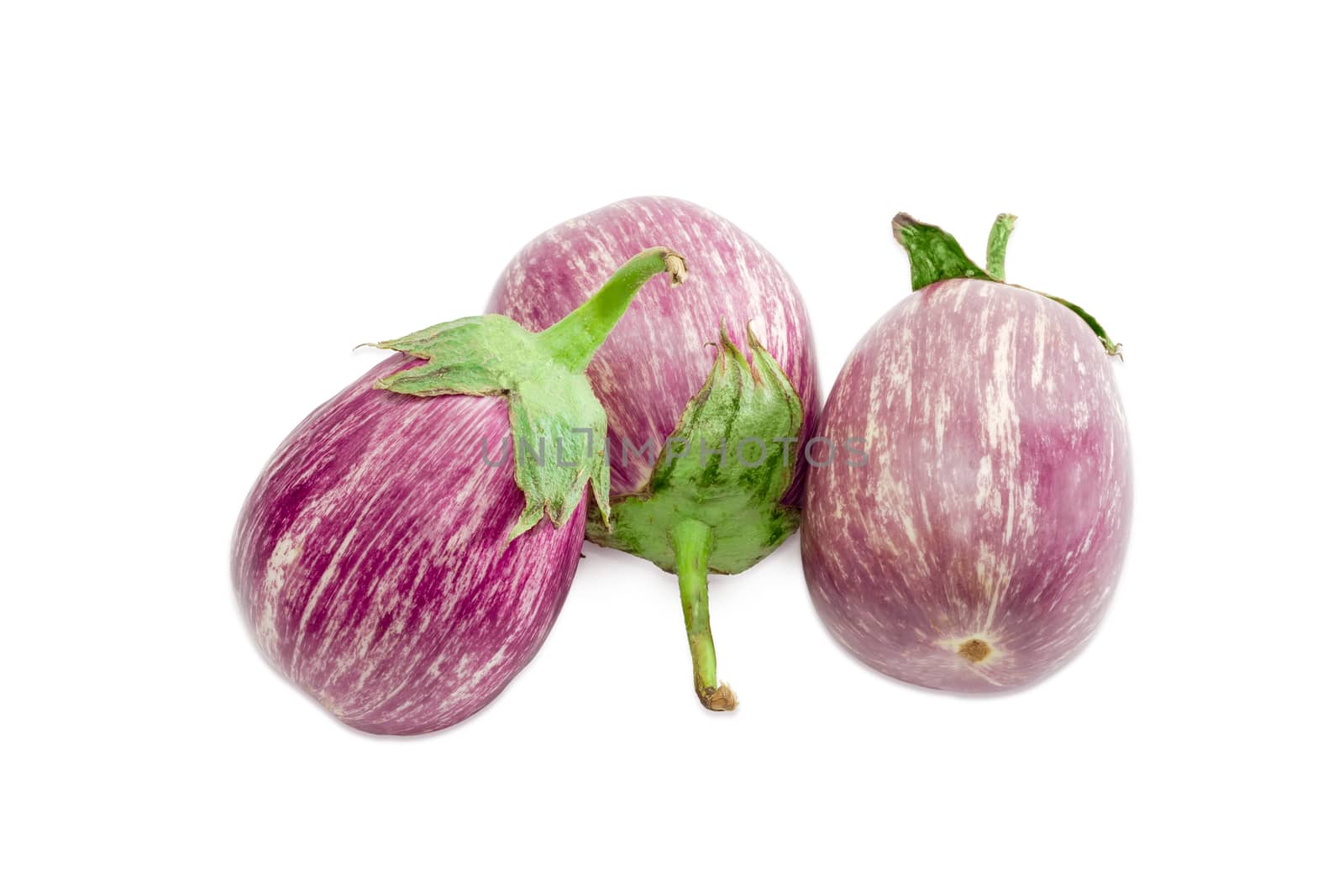 Three ripe purple Graffiti eggplant on a light background
