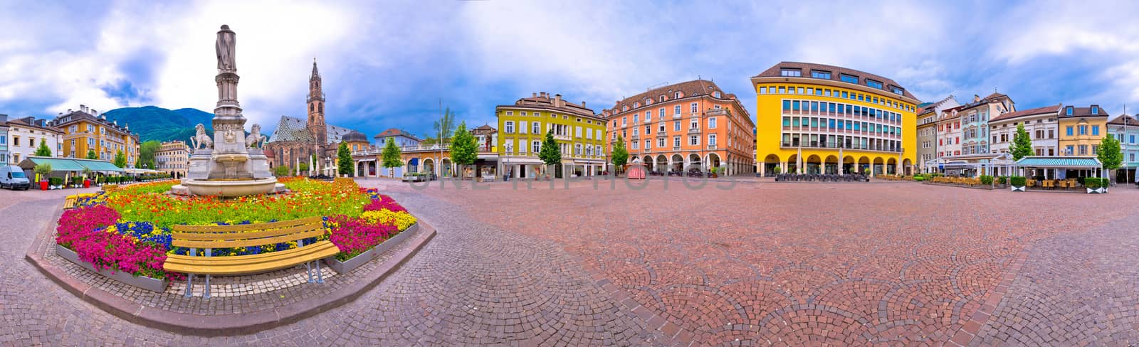 Bolzano main square Waltherplatz panoramic view, South Tyrol region of Italy